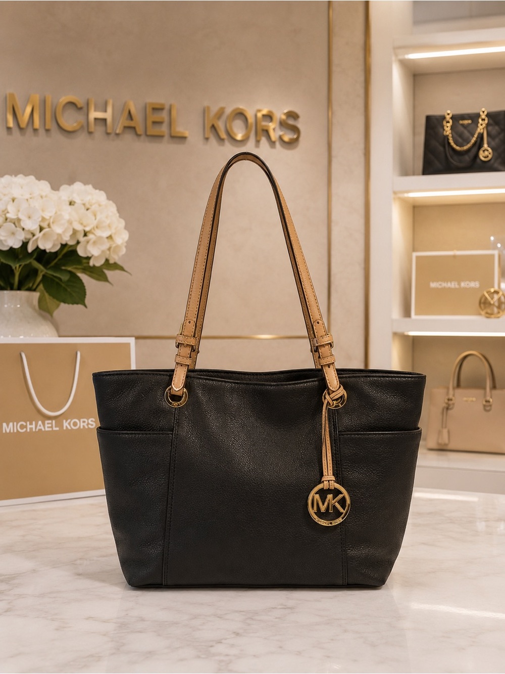 Michael Kors Bedford Large Leather Pocket Tote Bag - Black/Tan (EUC)